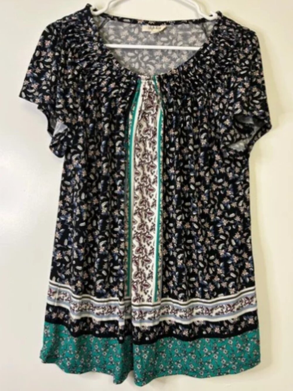 Style & Co Mixed Print Boho Peasant Blouse Size L • Floral & Border Print Top